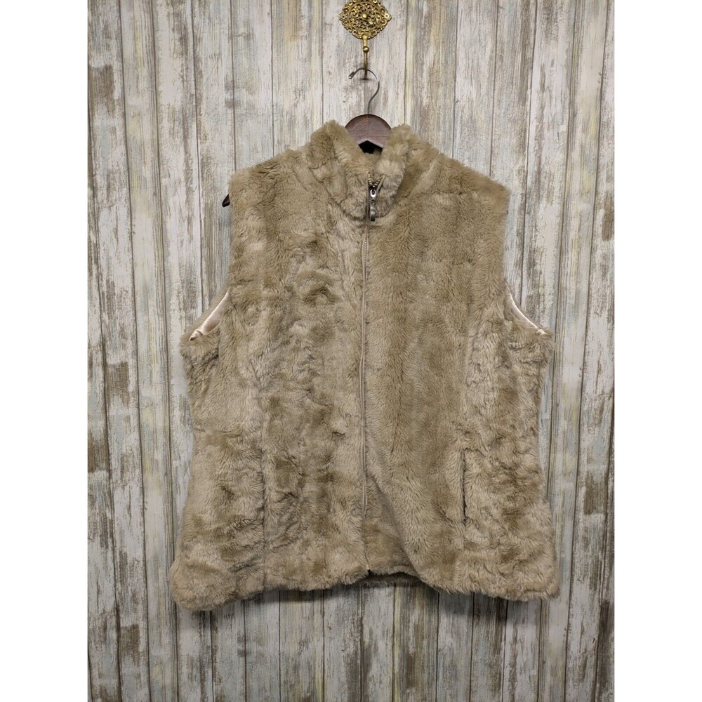 Coldwater Creek Faux Fur Vest Cream Full Zip Mock Neck Lined Pockets Mobwife 1X